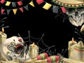 Human skulls with a sombrero hat, maracas, garland flags, candles and cobwebs. Hand drawn watercolor illustration for