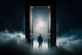 Human soul says goodbye to earthly life and rises to heaven. A man stands in front of an open door in the clouds, the Royalty Free Stock Photo