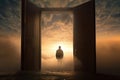 Human soul says goodbye to earthly life and rises to heaven. A man stands in front of an open door in the clouds, the Royalty Free Stock Photo