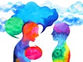 Human speaking and listening power of mastermind together inside your mind, watercolor painting hand drawn Royalty Free Stock Photo