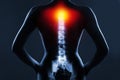 Human spine in x-ray on blue background. The neck spine is highlighted by red colour. Royalty Free Stock Photo