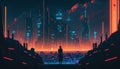 Human stand in front of futuristic cyberpunk neon cityscape. Synthwave town. Generative AI