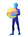 Human standing holding colorful world in universe watercolor painting