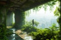 Human standing in a room covered with plant and tree, view over modern city, connect to nature, protect environment, consciousness