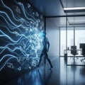Human Stepping into the Future: AI Avatar Interacting with Data Flow in Office Royalty Free Stock Photo