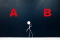 Human stick figure choosing between red A or B letter cutout. Dilemma and decision making concept. Royalty Free Stock Photo