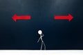 Human stick figure choosing between red left ot right arrows cutout. Dilemma and decision making concept. Royalty Free Stock Photo