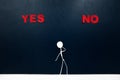 Human stick figure choosing between red yes or no word cutout. Dilemma and decision making concept.