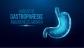 Human stomach. Gastroparesis awareness month concept. Banner template with glowing low poly stomach. Futuristic modern