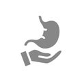 Human stomach on hand grey icon. Care, disease prevention symbol