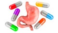 Human stomach with medicine capsules around, 3D rendering