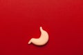 Human stomach model on red background. Abdominal disease. Treating stomach inflammation. Copy space for text