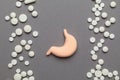 Human stomach organ model and pills on grey background. Digestive tract treatment