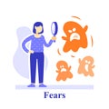Human subconscious fears, woman and magnifying glass, understand feelings, phobia concept, negative thinking