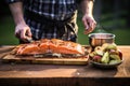 human subject serving apple cider bbq salmon on a wooden board