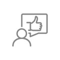Human with thumb up in speech bubble line icon. Like, user feedback, comment symbol Royalty Free Stock Photo