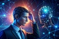 Human touching head and AI icon vs AI agent with generative artificial intelligence. Robotic process automation and data Royalty Free Stock Photo