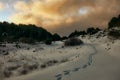 Human Tracks On The Deep Snow At Evening