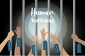 Human Trafficking and human rights concept. Abused hands with sale label tag imprisonment in jail bars asking hopeless for help