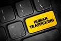 Human Trafficking is the trade of humans for the purpose of forced labour, text button on keyboard, concept background