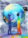 Human and universe power, watercolor painting, chakra reiki, world universe inside your mind