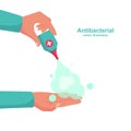 Human uses antibacterial spray. Personal hygiene concept