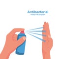 Human uses antibacterial spray. Personal hygiene concept