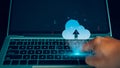 Human uses laptop for download and backup by digital cloud network technology, Cloud computing storage technology, Data storage Royalty Free Stock Photo