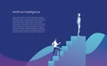 Human versus Artificial Intelligence vector concept. AI bot superior to businessman, standing on top of stairs. Symbol