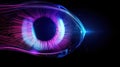 Human violet iris of the eye flying in space. Concept of technological vision or artificial intelligence control. Generative AI. Royalty Free Stock Photo
