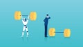 Vector of a businessman standing next to weights unable to perform a task vs a capable robot Royalty Free Stock Photo