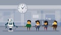 Human Vs Robots Modern Robotic And Business People Group Pulling Rope Artificial Intelligence Concept