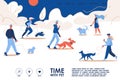 Human walking with dog in the park landing page template. Lovely characters with puppies running, jogging and enjoying friendship