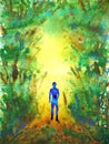 Human walking forest way abstract watercolor painting illustration hand drawing