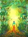 Human walking forest way abstract watercolor painting illustration hand drawn