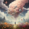 Human walking on a path through clouds and pastel colored flowers, self care and hope concept, positive thinking, creative mind,