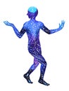 Human walking raise hand up power energy pose, abstract universe