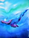 Human and whale diving swimming underwater together watercolor