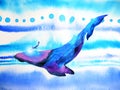 Human and whale diving swimming underwater together watercolor painting