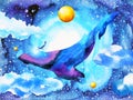 Human and whale in the universe mind spiritual abstract watercolor painting illustration design