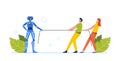 Human Worker Characters Pulling Rope Against Robot. Tug of War Fighting and Competition Between Artificial Intelligence
