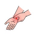 Human wrist pain. Pain and injury in the human wrist. Health problems in muscle pain and joints problems. Vector