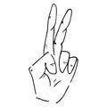 Human wrist with the sign of peace. Hand with two fingers out. WORLD. Vector illustration. Simple hand drawn icon