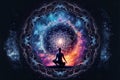 Human yoga pose and meditation against universe energy mandala