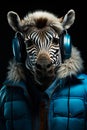 Humane portrait of a zebra. Animal wearing blue jacket with fur and headphones. Black backdrop. Generative AI