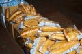 Humanitarian aid warehouse in ukrainian volunteer centre, boxes with bread