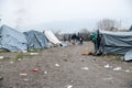 A humanitarian catastrophe in Refugee And Migrants Camp In Bosnia And Herzegovina. The European migrant crisis. Balkan Route. Tent