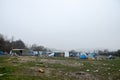 A humanitarian catastrophe in Refugee And Migrants Camp In Bosnia And Herzegovina. The European migrant crisis. Balkan Route. Tent