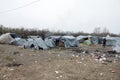 A humanitarian catastrophe in Refugee And Migrants Camp In Bosnia And Herzegovina. The European migrant crisis. Balkan Route. Tent