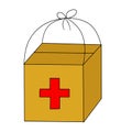 Humanitarian medical aid in carton box. Simple vector illustration in cartoon doodle style. Concept of world crisis during